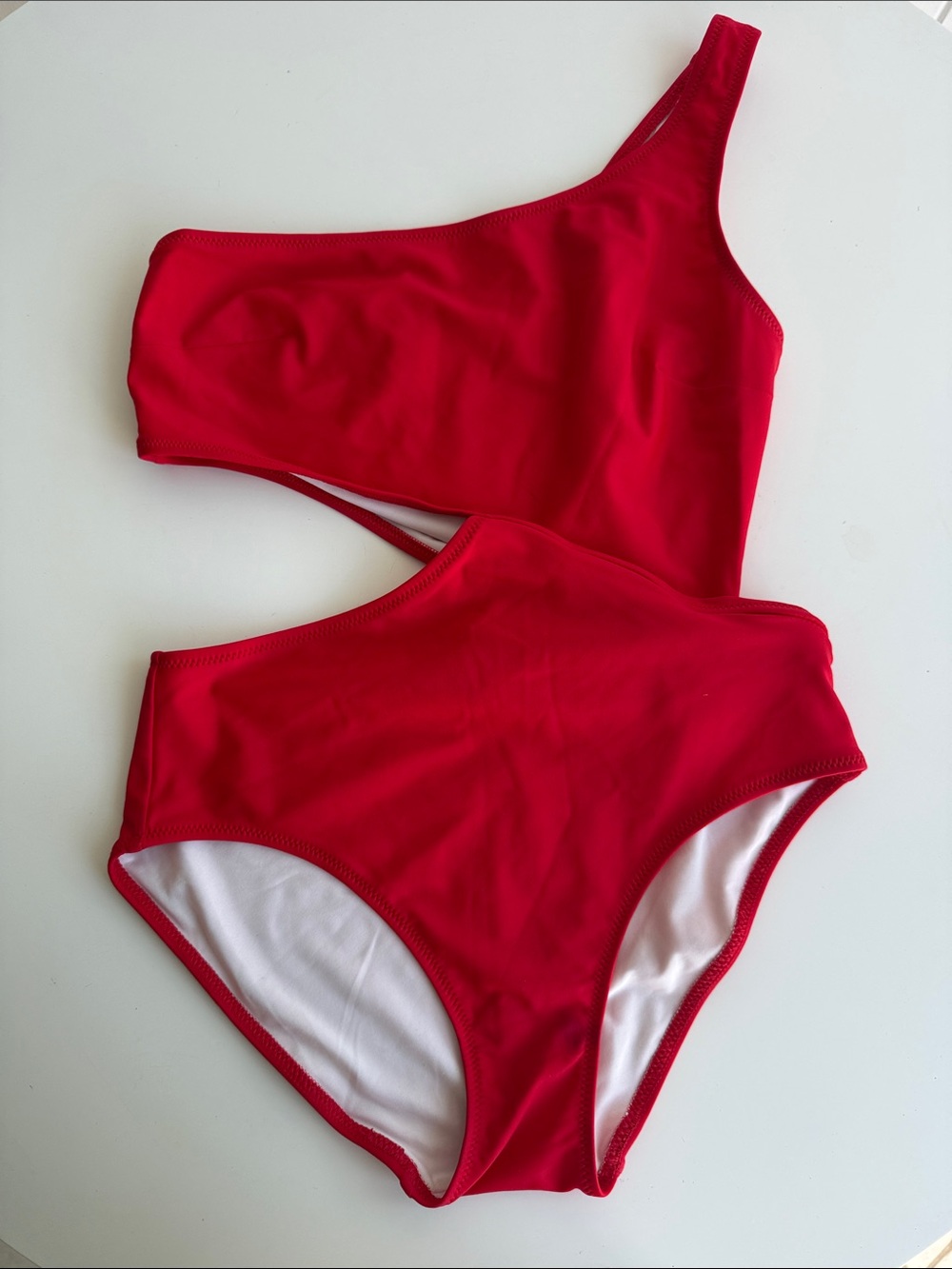 SOLID & STRIPED One-Shoulder Red Cutout One-Piece Swimsuit